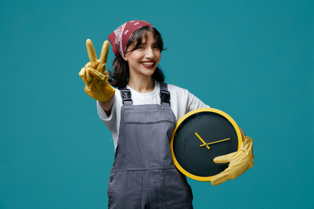 smiling young female cleaner wearing uniform bandana and rubber gloves holding clock looking at camera stretching hand out towards camera showing peace sign isolated on blue background